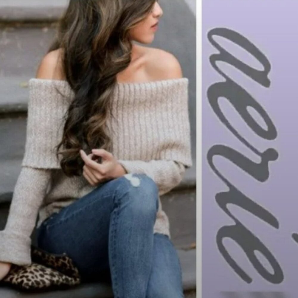 Aerie Fold Over Off-The-Shoulder Long Sleeve Boxy Sweater in Creamy Beige
